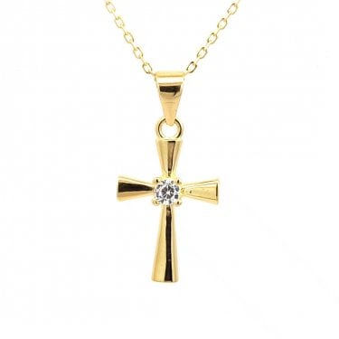 Faith Yellow Gold Sterling Silver Single CZ Cross with Trumpet Edges Necklace 1.2 x 1.6cm, 16-18"