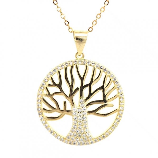 Faith Yellow Gold Sterling Silver  Tree of Life CZ Surround & Trunk Necklace 2.5 x 2.5cm, 16-18