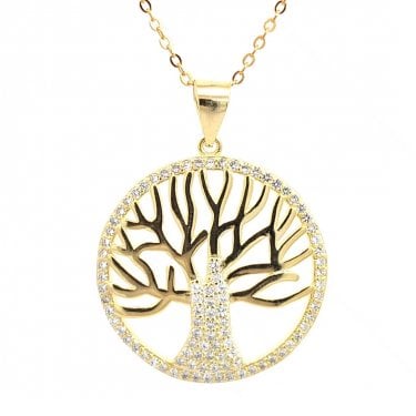 Faith Yellow Gold Sterling Silver Tree of Life CZ Surround & Trunk Necklace 2.5 x 2.5cm, 16-18"