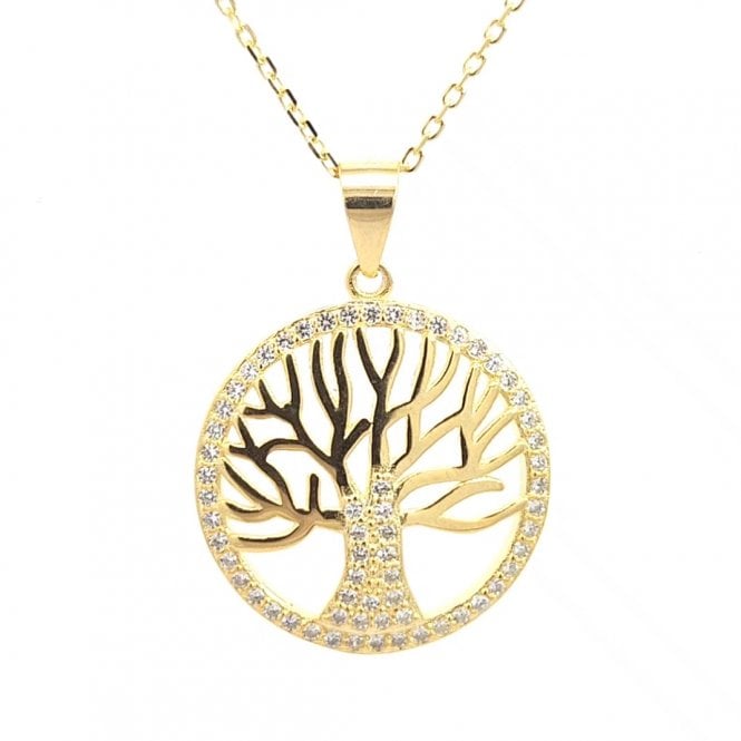 Faith Yellow Gold Sterling Silver  Tree of Life CZ Surround & Trunk Necklace 2 x 2cm, 16-18