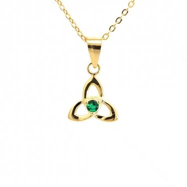 Faith Yellow Gold Sterling Silver Trinity Knot with Green CZ Necklace 1 x 0.9cm, 16-18"