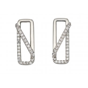 Fiorelli Sterling Silver CZ Pave Rectangle Crossover Earrings 20x8mm
