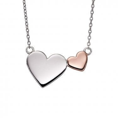 Fiorelli Sterling Silver & Rose Gold Tone Double Heart Necklace 41-46cm