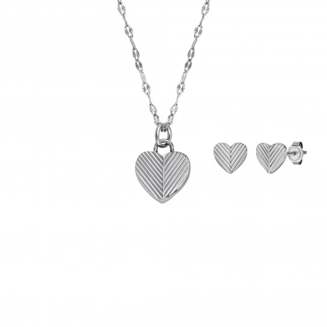 Fossil Jewellery Fossil Harlow Linear Heart To Heart Stainless Steel Necklace & Earrings Set 0.8x0.7x1cm, 1x1cm, 40.6cm
