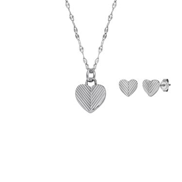 Fossil Harlow Linear Heart To Heart Stainless Steel Necklace & Earrings Set 0.8x0.7x1cm, 1x1cm, 40.6cm