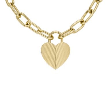 Fossil Harlow Linear Texture Gold Tone Stainless Steel Heart Necklace 2.5x3.2cm, 50.8cm