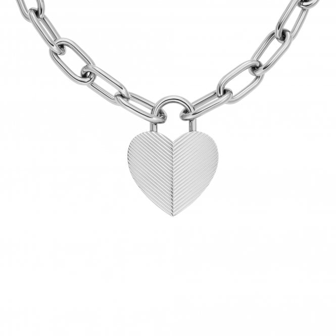 Fossil Jewellery Fossil Harlow Linear Texture Stainless Steel Heart Necklace 2.5x3.2cm, 50.8cm