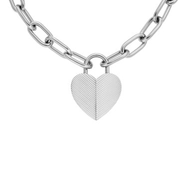 Fossil Harlow Linear Texture Stainless Steel Heart Necklace 2.5x3.2cm, 50.8cm