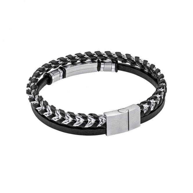 Fred Bennett  Black Leather & Stainless Steel ID Bar Bracelet 1.2 x 0.5cm, 19.5cm