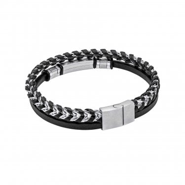 Fred Bennett Black Leather & Stainless Steel ID Bar Bracelet 1.2 x 0.5cm, 19.5cm