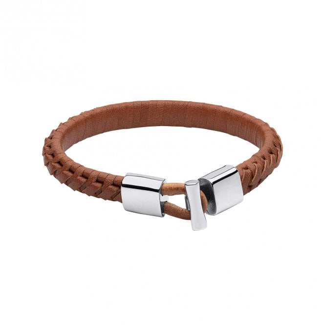 Fred Bennett  Brown Braided Leather Bracelet with T-Bar Clasp 0.9cm, 22cm