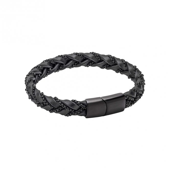 Fred Bennett  Chain Plait Black Leather Bracelet 1.1cm, 21cm