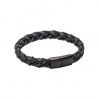 Fred Bennett Chain Plait Black Leather Bracelet 1.1cm, 21cm