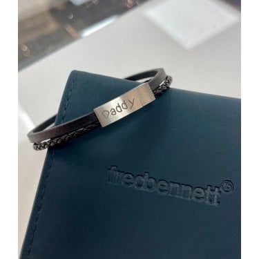 Fred Bennett Engraved Daddy Reborn Black Recycled Leather Double Row Bracelet With Magnetic Clasp 21cm