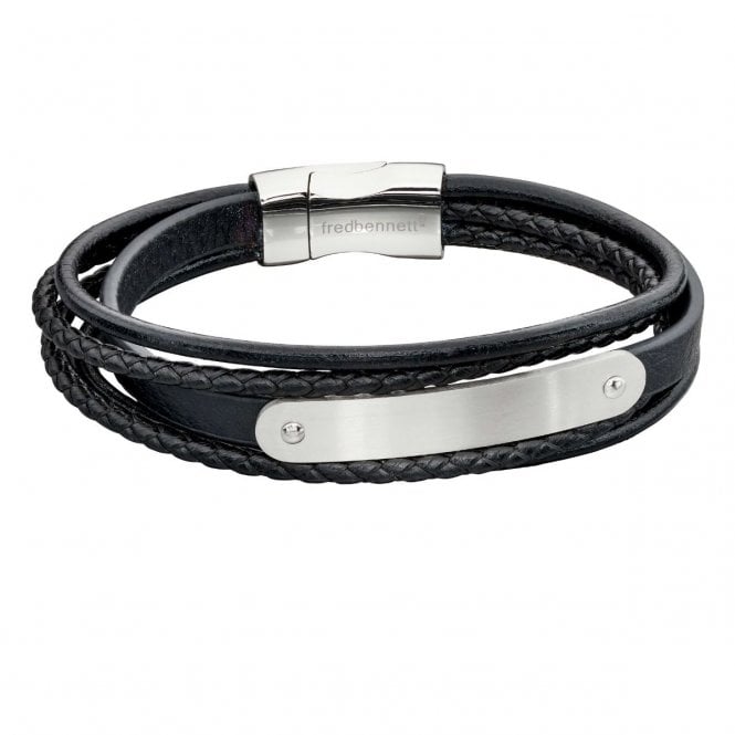 Fred Bennett  Multi Strand Woven Black Leather & ID Bar Bracelet 21cm