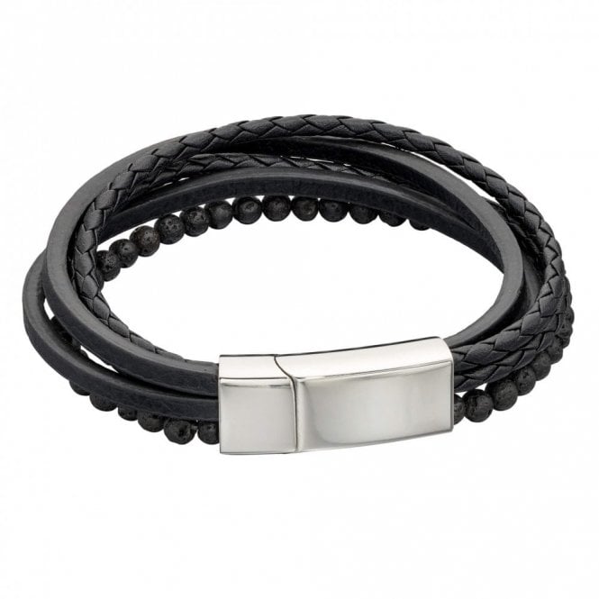 Fred Bennett  Reborn Multi Row Recycled Black Leather Bracelet With Lava Beads & Magnetic Clasp 21cm