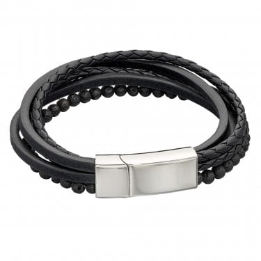 Fred Bennett Reborn Multi Row Recycled Black Leather Bracelet With Lava Beads & Magnetic Clasp 21cm