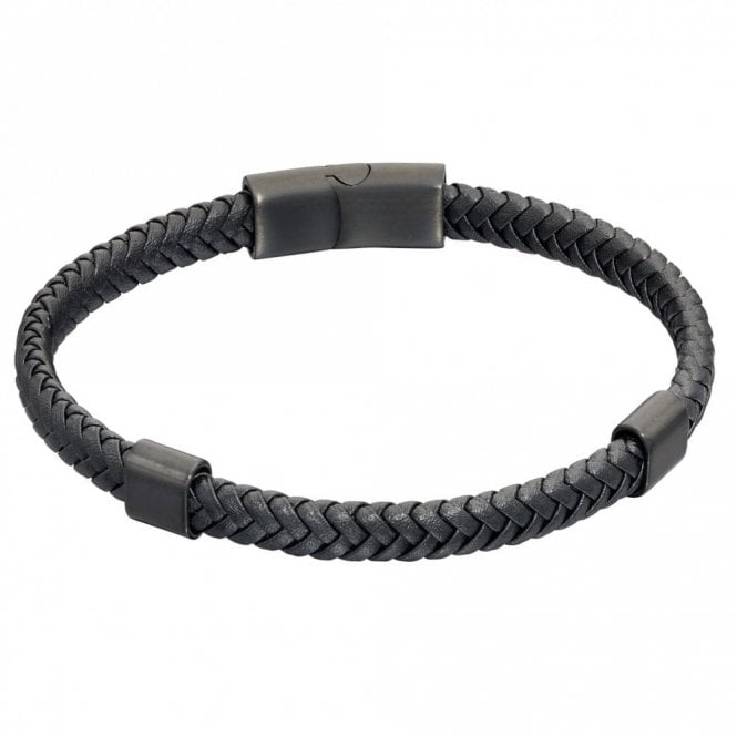 Fred Bennett  Reborn Plaited Black Recycled Leather Bracelet With Magnetic Clasp 21cm