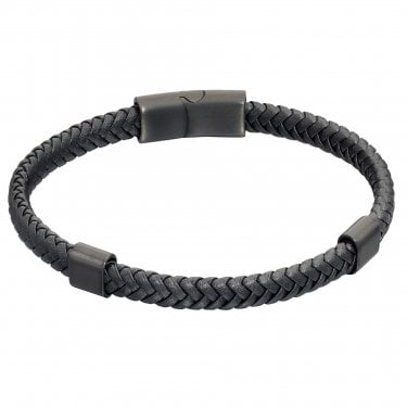 Fred Bennett Reborn Plaited Black Recycled Leather Bracelet With Magnetic Clasp 21cm
