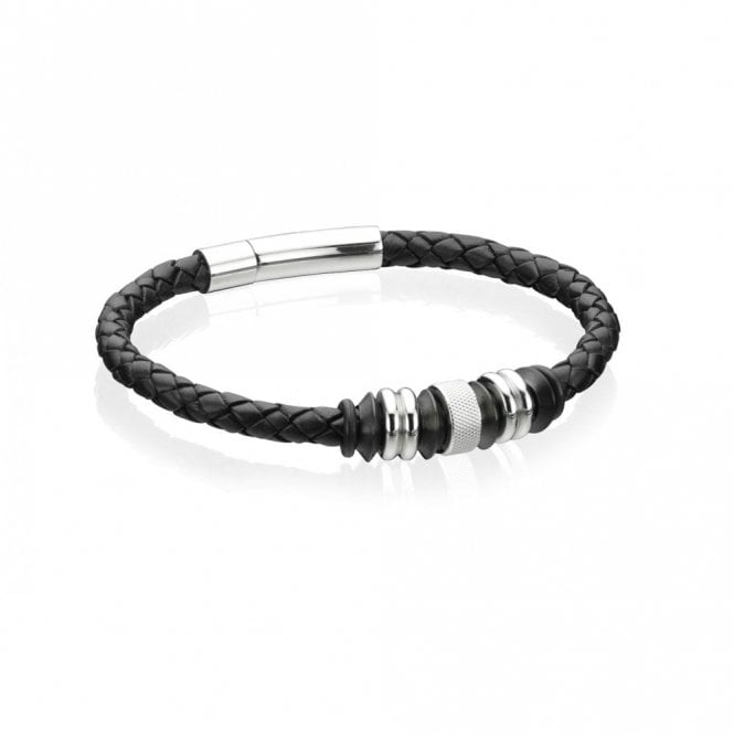 Fred Bennett  Stainless Steel Black Leather Disc Bracelet 21cm
