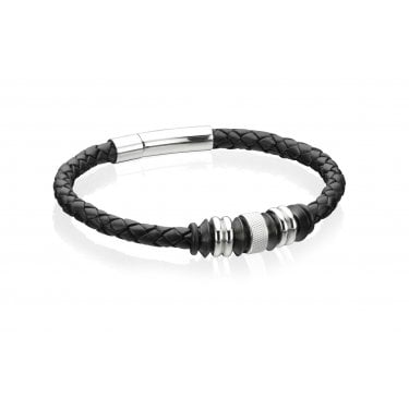 Fred Bennett Stainless Steel Black Leather Disc Bracelet 21cm