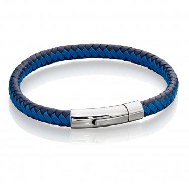 Fred Bennett Woven Blue Leather & Stainless Steel Clip Clasp Bracelet 21.50cm