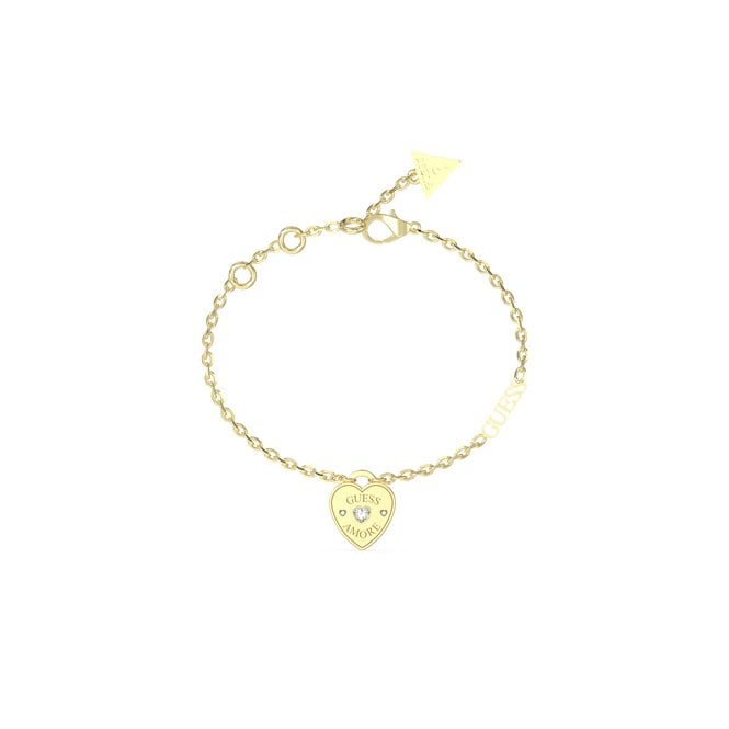 Guess Jewellery Guess Amore Heart Charm Gold Tone Bracelet 1.4cm, 17.2cm + 3.8cm
