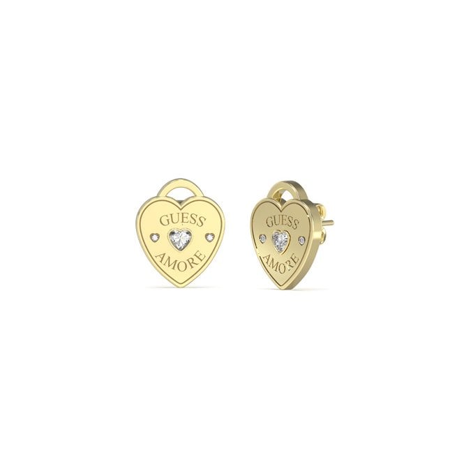 Guess Jewellery Guess Amore Heart Charm Gold Tone Stud Earrings 1.4cm