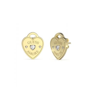 Guess Amore Heart Charm Gold Tone Stud Earrings 1.4cm