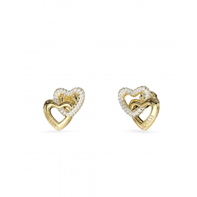 Guess Jewellery Guess Beloved Interlinking Hearts CZ Gold Tone Stud Earrings 1.5cm