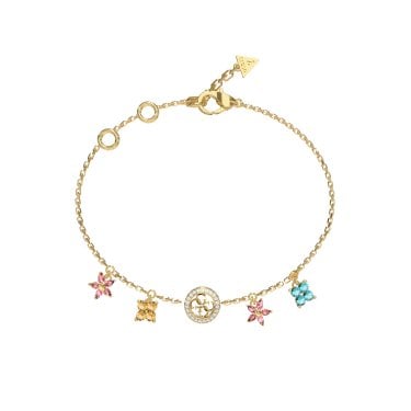 Guess Secret Gardens CZ Flower Charms Gold Tone Bracelet 17.2cm + 3.8cm