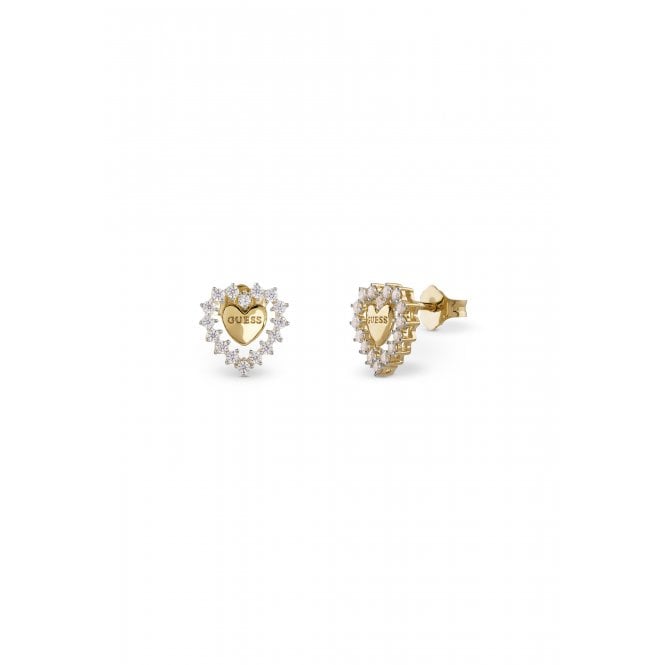 Guess Jewellery Guess Sterling Silver Jardin Pavé Heart Gold Tone Stud Earrings 1 x 0.95cm