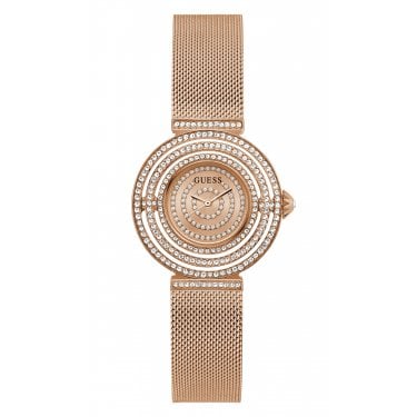 Guess Ladies Dream CZ Rose Gold Tone Stainless Steel Mesh Strap Watch