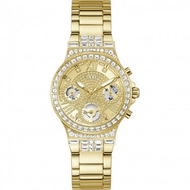 Guess Ladies Moonlight Crystal Yellow Gold Tone Stainless Steel Watch