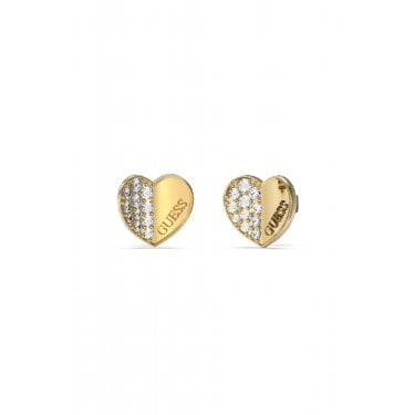Guess Lovely Guess Yellow Gold Tone Plain & CZ Pave Heart 12mm Stud Earrings