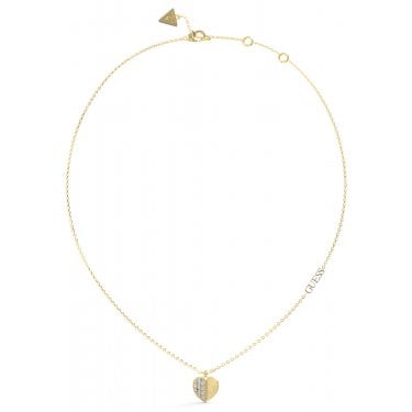 Guess Lovely Guess Yellow Gold Tone Plain & CZ Pave Heart 16-18" Necklace