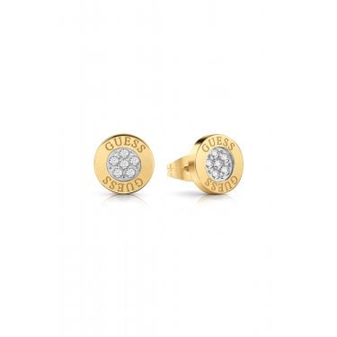 Guess Studs Party Yellow Gold Tone 10mm Logo Button Stud Earrings