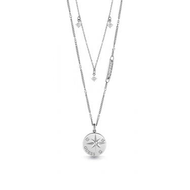 Guess Wanderlust Compass & Charm Stainless Steel Double Necklace 17-19inch