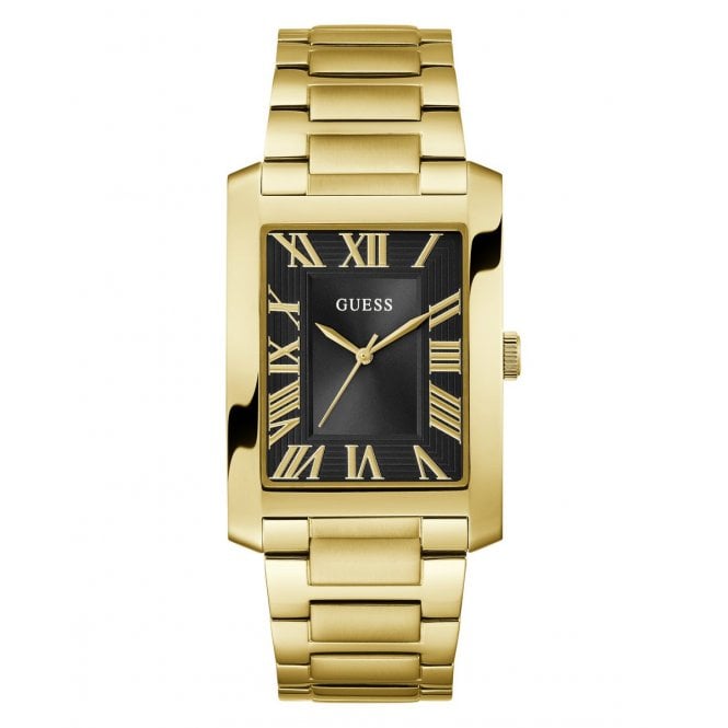 Guess Watches Guess Gents Clyde Rectangular Black Dial Gold Tone Stainless Steel Watch