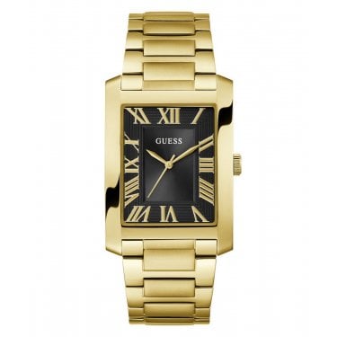 Guess Gents Clyde Rectangular Black Dial Gold Tone Stainless Steel Watch