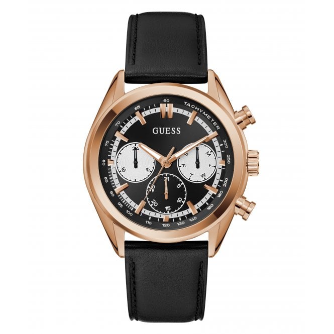 Guess Watches Guess Gents Dawson Multifunction Dial Black Leather Strap Watch