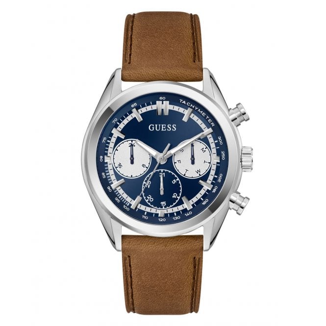 Guess Watches Guess Gents Dawson Multifunction Dial Brown Leather Strap Watch