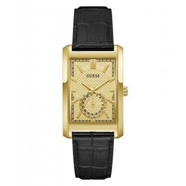 Guess Gents Hugh Champagne Dial Black Leather Strap Watch