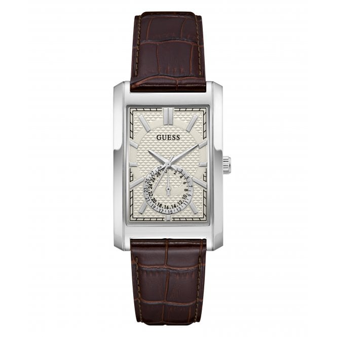 Guess Watches Guess Gents Hugh White Dial Brown Leather Strap Watch