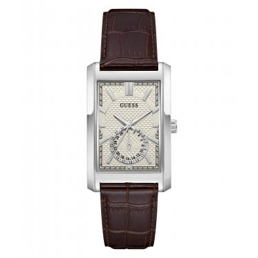 Guess Gents Hugh White Dial Brown Leather Strap Watch