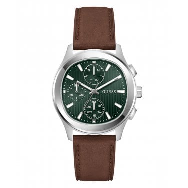 Guess Gents Palmer Green Dial Brown Leather Strap Watch