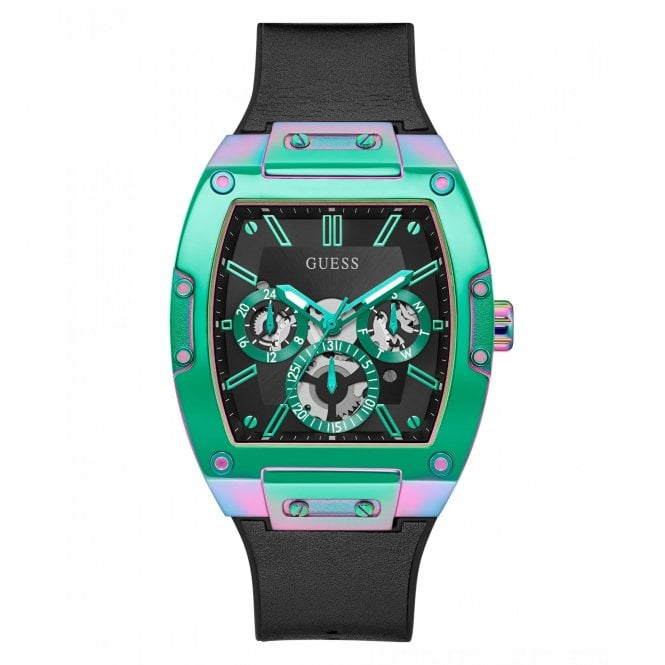 Guess Watches Guess Gents Phoenix Iridescent Black Leather & Silicone Strap Watch