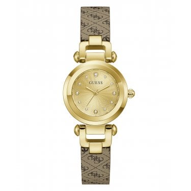 Guess Ladies Ginger Champagne Dial Beige Leather Strap Watch