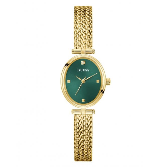 Guess Watches Guess Ladies Ruby Oval Dial Gold Tone Stainless Steel Mesh Strap Watch