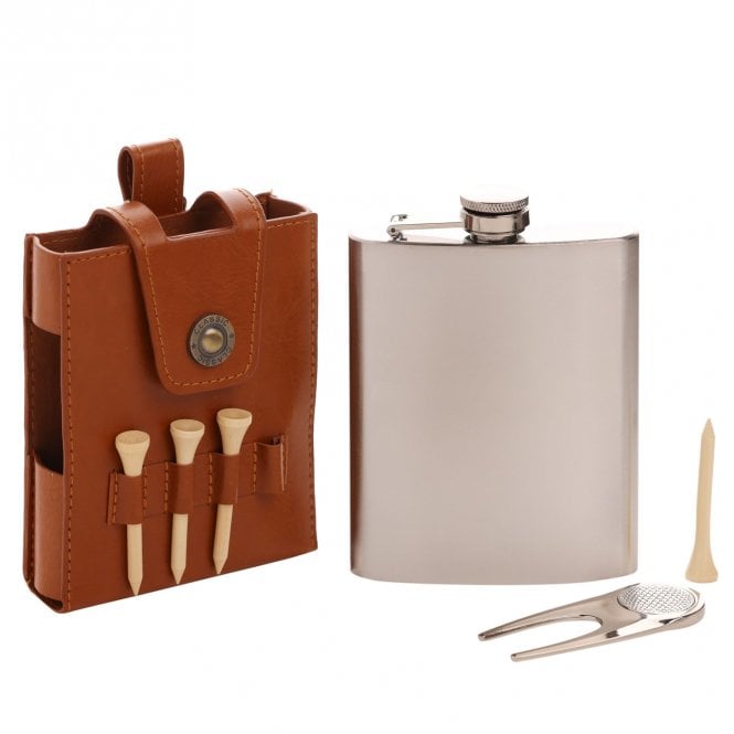 Harvey Makin  Tan Golfers Hip Flask Gift Set 18 x 9.5 x 2.5cm